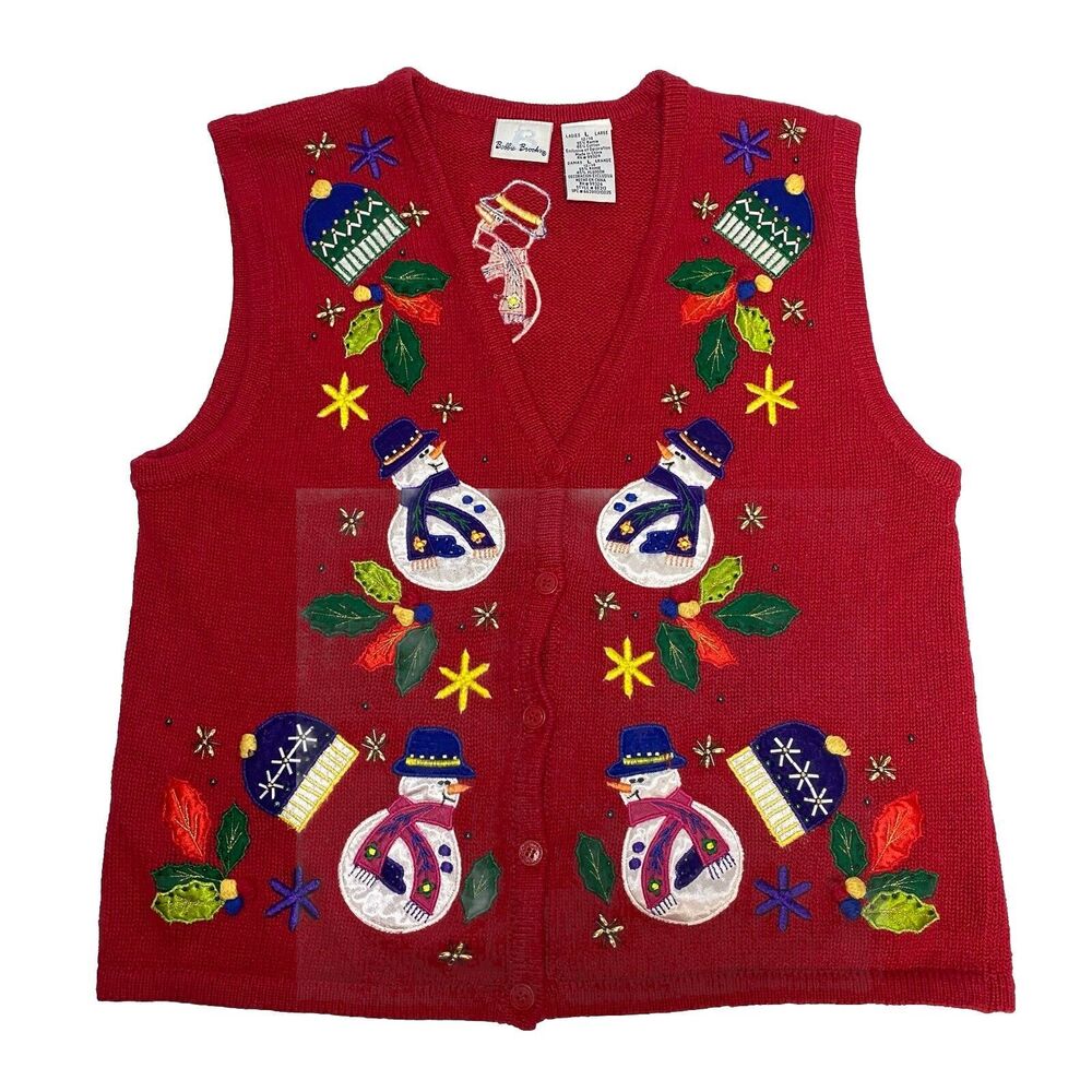 Christmas Sweater Vest Bobbie Brooks Red Ugly Large Snowmen Holiday Vintage